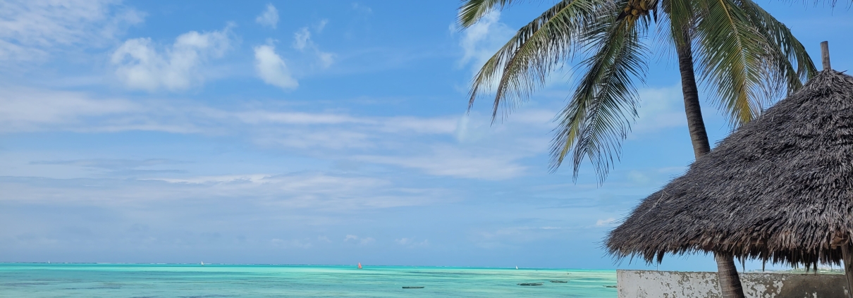 Palme und reetgedeckte Hütte am türkisfarbenen Strand von Jambiani auf Sansibar, im Wasser Boote und Spaziergänger